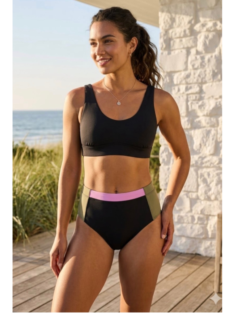 Women's Prana High Waisted Bikini Size Small Black Pink Colorblock Baja Bound